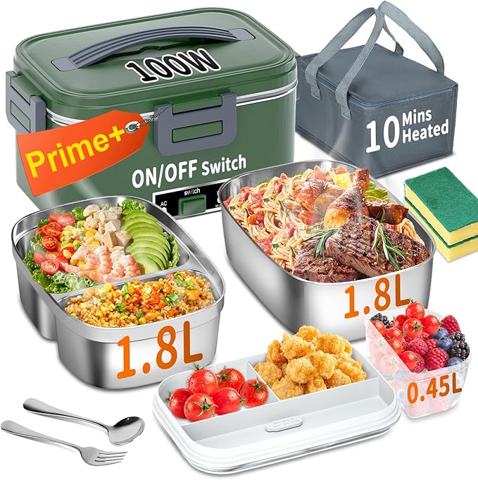 Electric Heated Lunch Box for Adults, 100W 3-IN-1 2 Pack 1.8L Containers Heating Lunch Box for Men Portable Double Layer, Fast Heated Food Warmer,12V/24V/110V for Car Truck Office Home