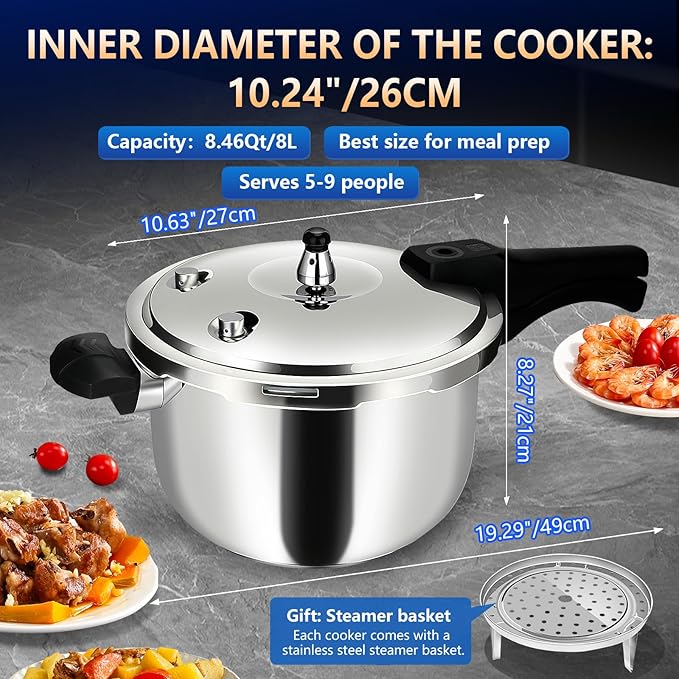 8-in-1 Stainless Steel Pressure Cooker 8 quart with 8 Safety Features -8 Quart, Fast & Even Cooking for Healthy Meals，pressure cooker 8+ quart ，large pressure cooker，olla express para cocinar