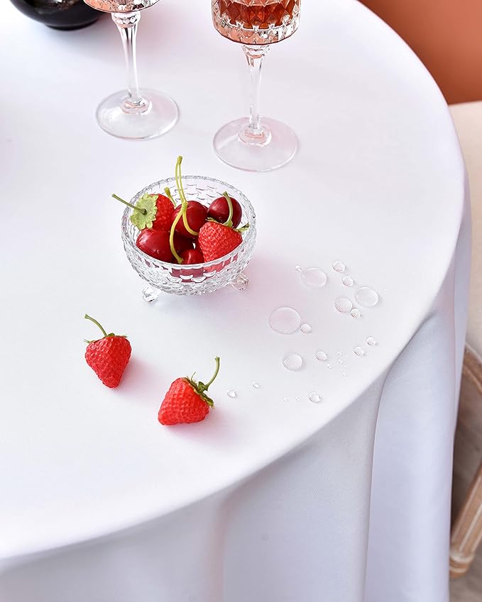 MEANMOY 2 Pack White 210 GSM Water & Stain Resistant Round Tablecloth - Solid 60 Inch Circle Table Cloth Cover in Wrinkle Free Washable Wipe Clean Polyester for Wedding, Party, Banquet (2 Pcs)