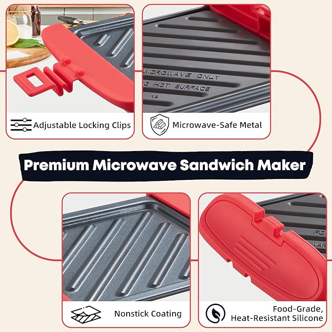 Microwave Sandwich Maker, Microwave Toastie Maker, Snack Maker & Panini Press, Microwavable Metal, Removable Non-Stick Plates Silicone Microwavable Cookware, Dishwasher Safe, Red