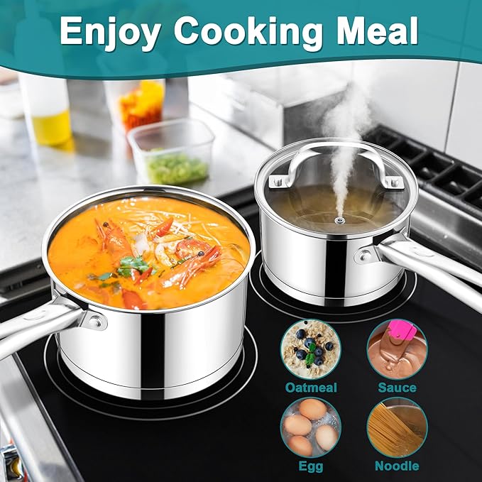 E-far Stainless Steel Saucepan with Lid Set - 1QT & 2QT &3QT, Triply Sauce Pan Induction Pot for Cooking, Boiling, Compatible with All Stoves, Visible Lid, Healthy & Non Toxic, Oven & Dishwasher Safe