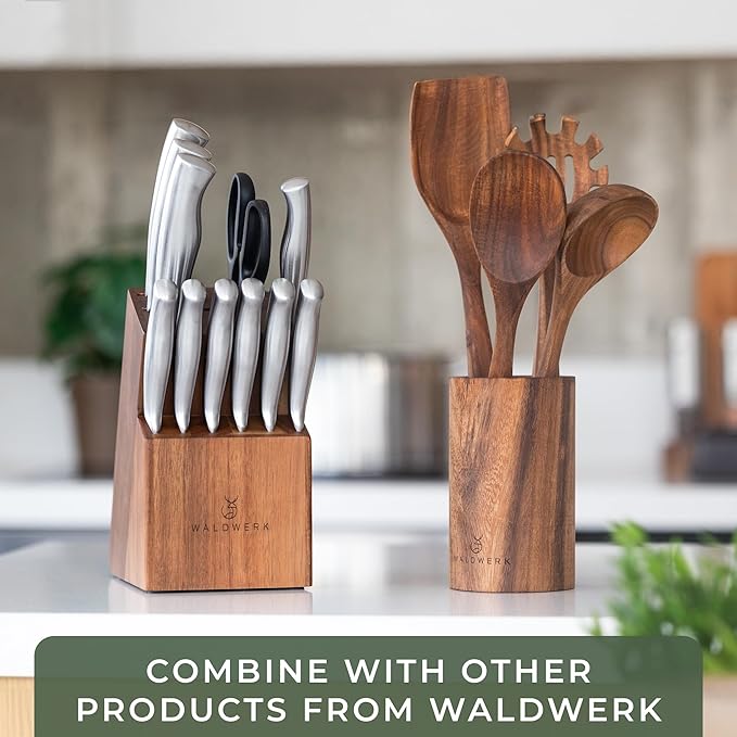 WALDWERK Wooden Spoons for Cooking – 4-Piece Kitchen Utensils Set with Teak Wood Spoons, Spatula, Pasta Server & Holder – Wooden Utensil Set – Cooking Utensils – Utensil Sets - Non Toxic