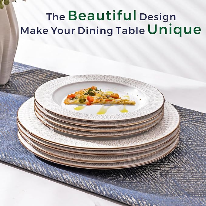 GBHOME Ceramic Dinnerware Sets,18 pcs Embossed Elegant Stoneware Plates and Bowls Sets, Housewarming Wedding Gift | Dishwasher & Microwave Safe | Dishes Set Service for 6