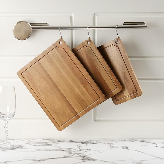 Sango Acacia Cutting Board Set with Juice Grooves and Hanging Holes, 3-Piece - Wood Chopping Boards, Stackable & Reversible for Kitchen, Non-Toxic, Perfect as Butcher Block Countertop, Atelier