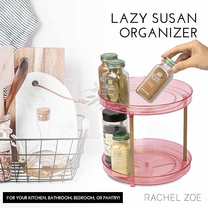 Rachel Zoe 2 Tier Lazy Susan Organizer, Wood Two Tier Lazy Susan Turntable, 360° Spin Tray Organizer, Pantry Spice Organizer for Kitchen, Rotating Bathroom Counter Organizer