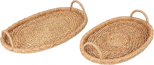 Bloomingville Decorative Handwoven 24" & 28" Oval Seagrass & Rattan Trays with Handles (Set of 2 Sizes)