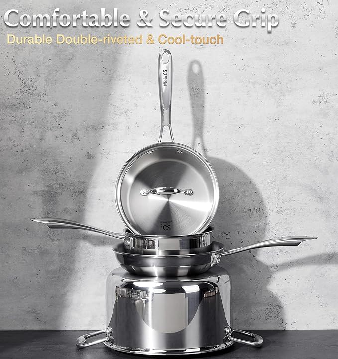 KOCH SYSTEME CS Tri-Ply Stainless Steel Cookware Set 10 Piece, Professional 18/10 Stianless Steel Pots and Pans Set, Oven & Induction Safe, Non-Toxic Kitchen Cookware Set for Family Cooking, 10pcs