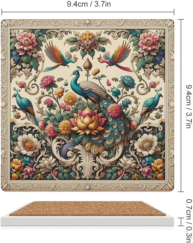 Peacock Drink Coasters, Square Ceramic Drink Coaster Square-6PCS, Beautiful Plant Colorful Floral Peacock Boho Peacockr Absorbent Ceramic Coasters for Beverage Cup, Bar, Coffee Table