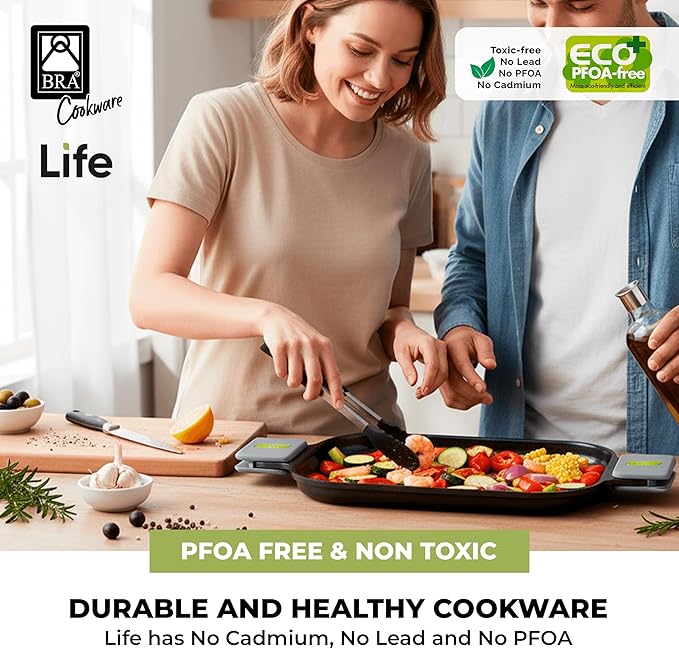 BRA COOKWARE Life Ceramic Nonstick Grill | 12.6 x 9.4 Inch Recycled Cast Aluminum Smooth Plate | Ceramic Non-Stick | Ceramic Non-Stick Coating | PFOA Free | All Cooktops| Removable Handles