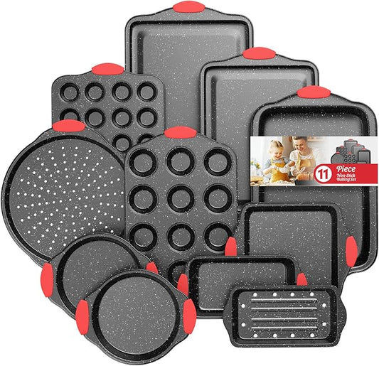 Slow Slog 11-Piece Nonstick Stackable Baking Pans Set, Toxin-Free Bakeware Sets, Baking Pan Set with Silicone Handles, Includes Cookie Sheets, Loaf Pan, Pizza Pan, Muffin Pan, Red&Black