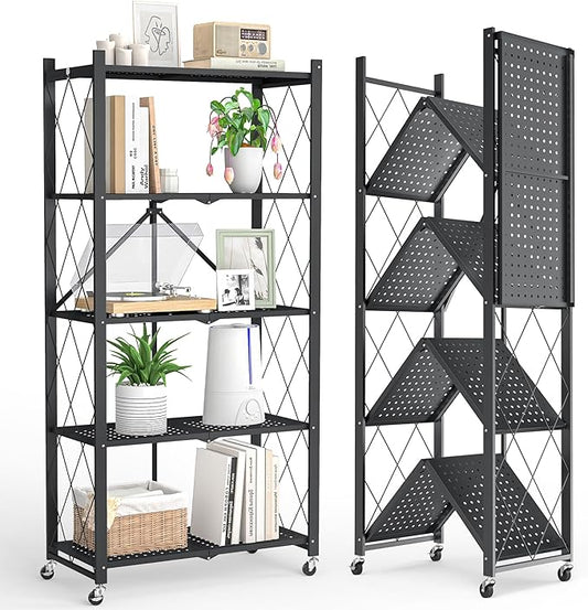 5-Tier Folding Metal Storage Rack - 63" Heavy-Duty Steel Frame with Wheels, No Assembly Utility Organizer, Rolling Shelving Unit for Kitchen, Garage, Pantry, Bedroom (Black, 5 Tier)