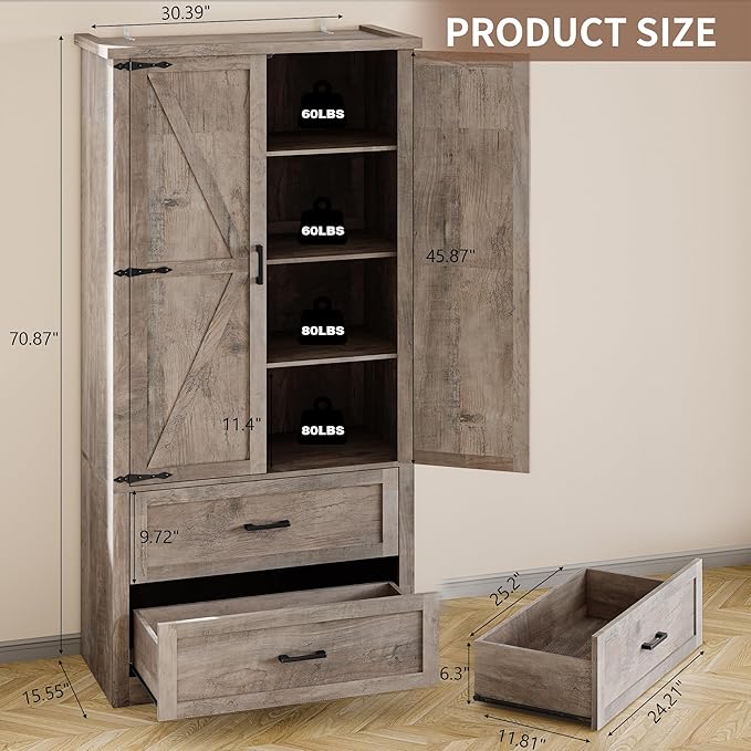 Pantry Organizers and Storage Cabinet, 71” Barn Door White Kitchen Cabinet with Drawers and Adjustable Shelf, Tall Pantry for Kitchen, Dining Room, Living Room. Bathroom and Office