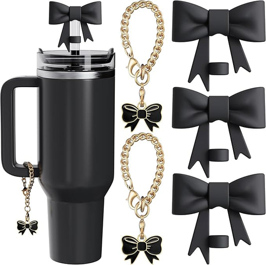Compatible with Stanley Cup Accessories - 3Pcs 10mm Bow Straw Topper Compatible with Stanley Cup Straw Cover Cap, 2pcs Black Bow Charms for Stanley 30&40 Oz Tumbler with Handle