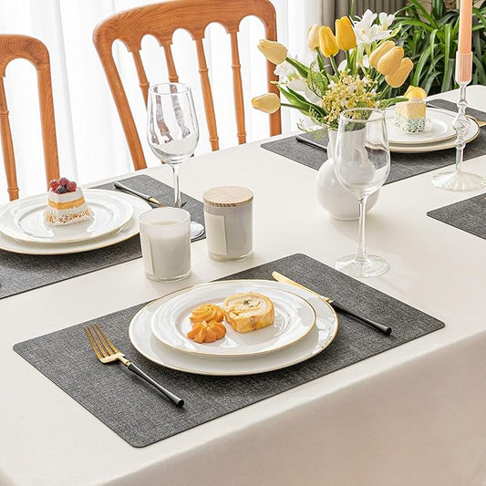 Romanstile Vinyl Placemats Set of 6-12 X 17 Inch - Heat Resistant Place Mats 100% Waterproof Oilproof Wipeable Reversible Faux Leather Table Mats for Kitchen, Dining, Party, Outdoor, Dark Grey