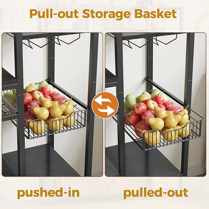 IRONCK Bakers Rack with Power Outlet, 47.24 Inch Coffee Bar Cabinet, Kitchen Microwave Stand with Storage, Kitchen Shelf with Shelves, LED Light, Globlet Holder and Wine Basket, Black