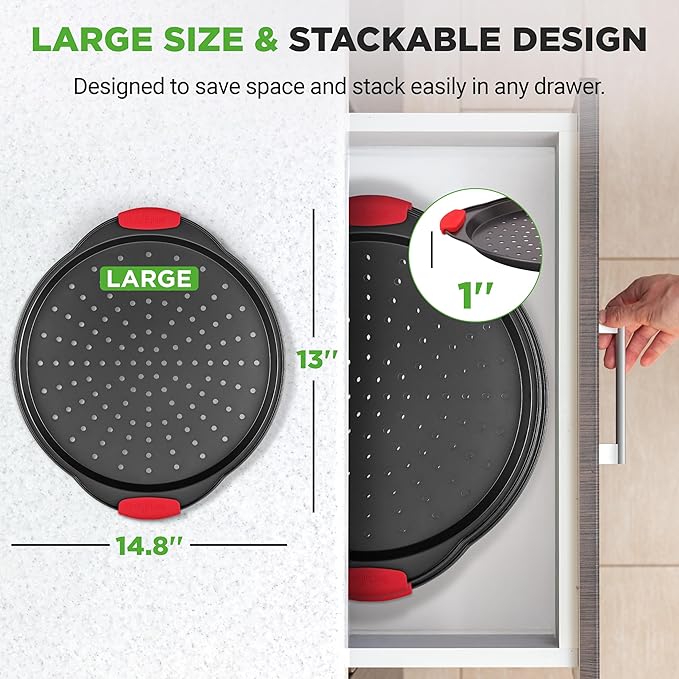 NutriChef 2-Piece 13-Inch Nonstick Pizza Tray, Round Carbon Steel Non-Stick Pizza Pan with Perforated Holes, Premium Bakeware Pizza Screen with Silicone Grip Handles, Dishwasher Safe, NCBPIZX2