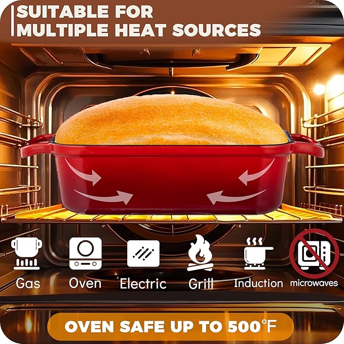 Articasting Cast Iron Bread Loaf Pan with Lid, 2 In 1 Loaf Pans for Baking Bread 9x5, Enameled Bread Pans for Homemade Bread, Sourdough, Even Heating Bread Dutch Oven, Red