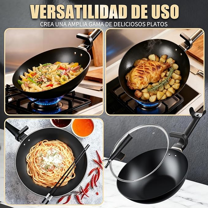 KALAWW Carbon Steel Wok Pan, Non-stick sauté pan,13 Inch Woks & Stir-fry Pans Nonstick with Ergonomic Handle, Cookware, Pots and Pans,Versatile Bottom Chinese Woks for All Stoves