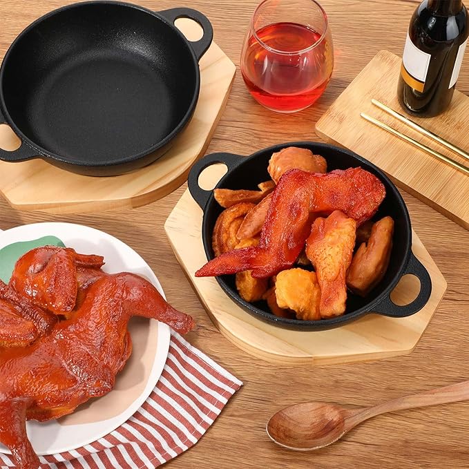 2 Sets Mini Cast Iron Skillet with Wooden Base Small Cast Iron Plates Skillet Pan Round Fajita Plate Hot Steak Pot Dish for Baking Cooking(7.5 Inch)