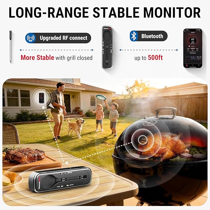 ThermoPro Upgraded Meat Probe Wireless Meat Thermometer, 500ft Bluetooth Meat Thermometer for Cooking Kitchen Oven Smoker, Rechargeable Meat Probe for Backyard Grill BBQ Holiday Gifts