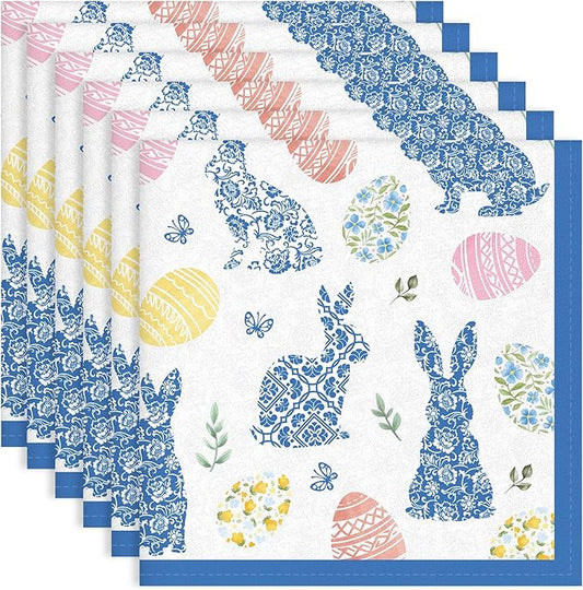 Easter Bunny Napkins, 18×18 Inch Blue Floral Egg Dinner Cloth Napkins Set of 6, Washable Cotton Soft Absorbent Square Napkins for Dining Kitchen Party Wedding Decoration