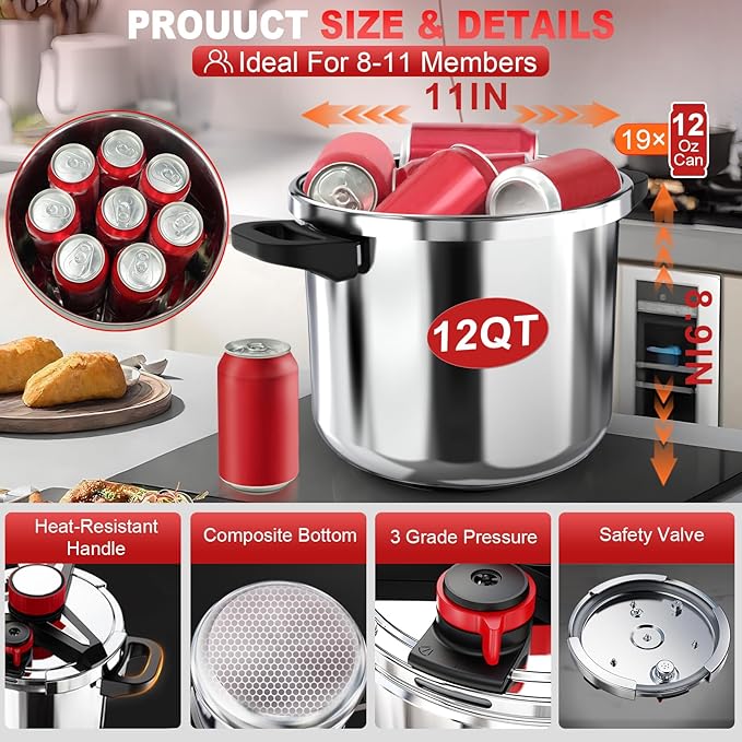 18/8 Stainless Steel Pressure Cooker 12 Quart, [One-Hand Locking] Olla de Presion, [3-In-1] Pressure Cooker, Induction Compatible, Gas Stovetop Compatible,Includes Glass Lid & Steamer Rack