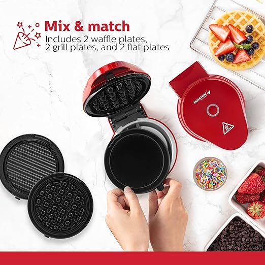 Holstein Housewares 3-IN-1 Personal Maker with Indicator Light, Griddle & Waffle Maker, Non-Stick Coating Plates, 2 waffle plates, 2 grill plates & 2 flat plates. Even Heating, Lightweight