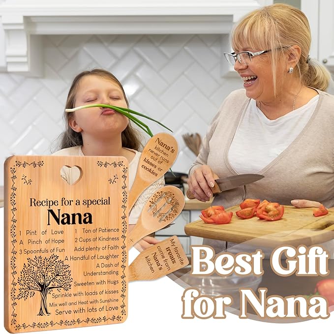 Gifts for Nana - "Recipe for a Special Nana" Nana Birthday Gifts Cutting Board Set, Bamboo-Made Engraved Utensil Set Nana Birthday Gifts, Grammy/Nanny/Granny/Gran Presents