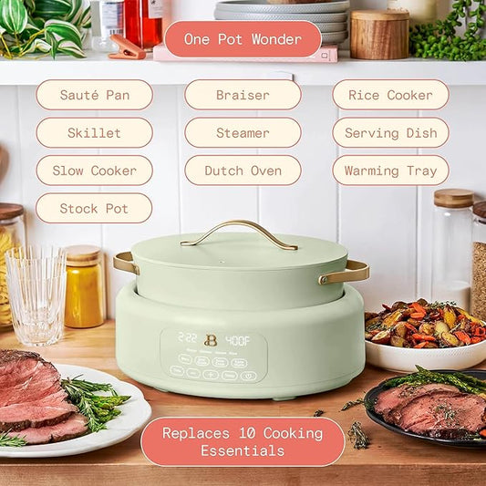 Beautiful 10-in-1 Electric MultiCooker 6 Quart - Programmable Slow Cooker, Sous Vide, Rice Cooker - Sleek Touch Timer & Delayed Start - Kitchen Appliance by Drew Barrymore (Sage Green)