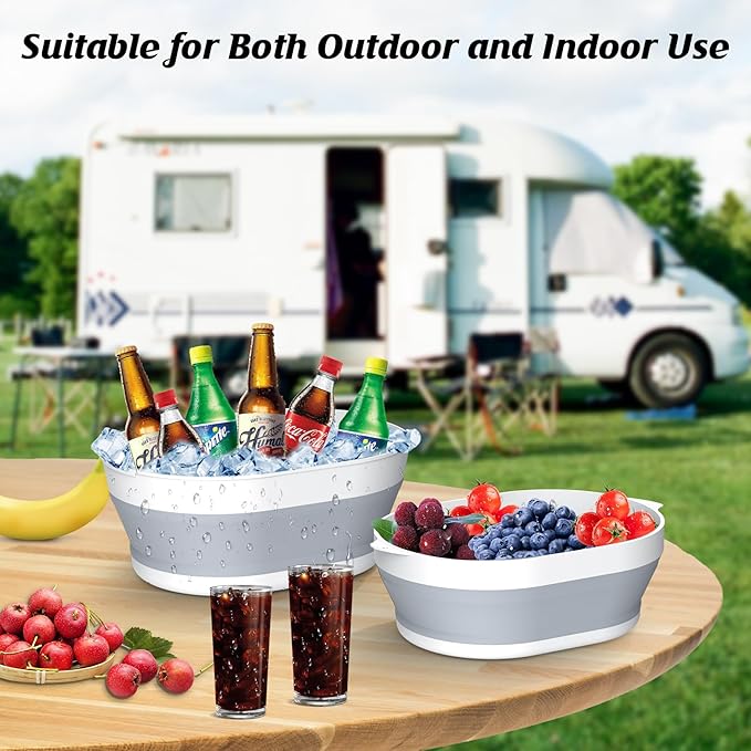 2 in 1 Collapsible Sink Basin - 5.3 QT Foldable Fruit Washing Bowl with Strainer - Silicone Collapsible Colander for Kitchen Organization RV Camping