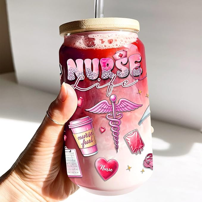 Gifts For Nurse - Nurse Life Glass Cup with Lid & Straw 16 Oz - Nurses Week Gifts - Nursing Student RN Practitioner Gift - Retirement Graduation Christmas Caregiver Appreciation Nursing Ideas