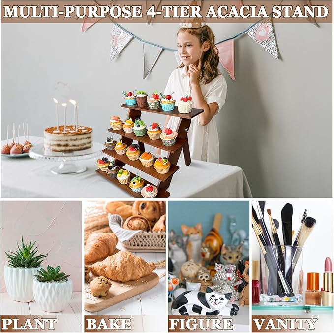 Acacia Wood Cupcake Stand 4 Tier Rustic Wooden Cupcake Stands Cupcake Holder for Wedding, Party Desserts