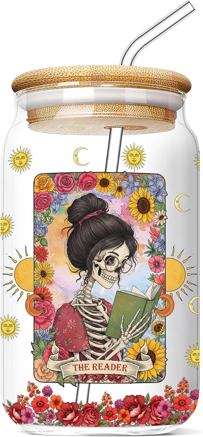 Book Lovers Gifts Ideas 16 Oz Glass Cup with Lid and Straw The Reader Coffee Tumbler Bookish Reading Accessories Birthday Mothers Day Christmas Gift for Readers Women Bookworm Teacher