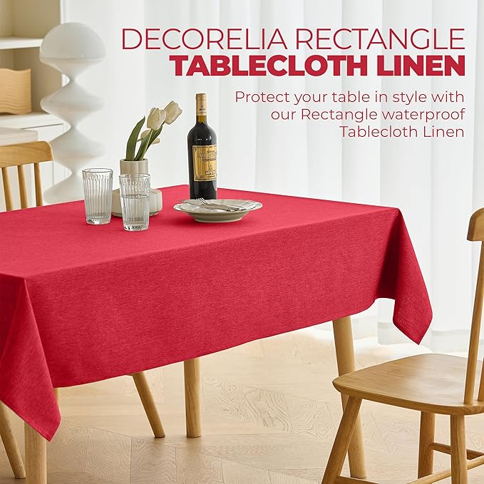 Faux Linen Small Rectangle Tablecloth for Kitchen Dining Room,Outdoor Coffee Wrinkle-Free Washable Tabletop Covers for Patio, Wedding, Picnics (Oblong, 60 x 84 Inch (6-8 Seats), Red)