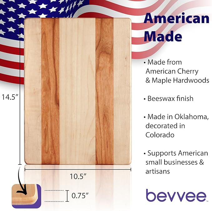 Maple and Cherry Wood Cutting Board - American Made in USA - Unique Kitchen Gifts - Medium 10.5 x 14.5 inch