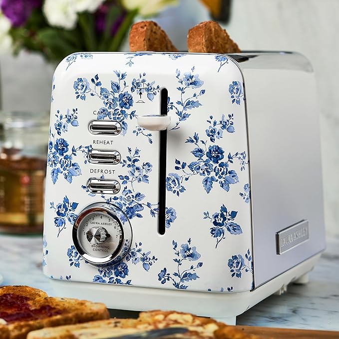 VQ Laura Ashley China Rose Stainless Steel 2 Slice Toaster | Multi-Functional Bagels & Bread Toaster 2 Slice with Adjustable Heating & Defrost Mode | Featuring 2 Wide Slots & Croissant Warming Rack