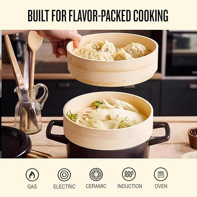 Alva Nori 2.5-Qt Enameled Cast Iron Dutch Oven Steamer Set – Made With No PTFE/PFOA/PFAS, Oven & Induction Safe – 3-Layer Enamel, No Seasoning Needed – Durable, Easy-Clean Cocotte with 2 Steamer Inserts