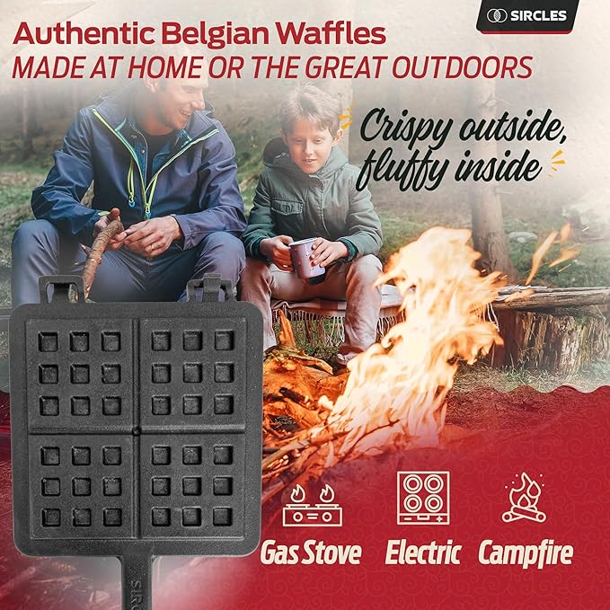 Sircles Cast Iron Waffle Maker - Makes 4 Square Belgian Waffles - Non Electric - Heavy Duty - Belgian Waffle Maker - 8.5 inch Square Waffles - E-book recipes