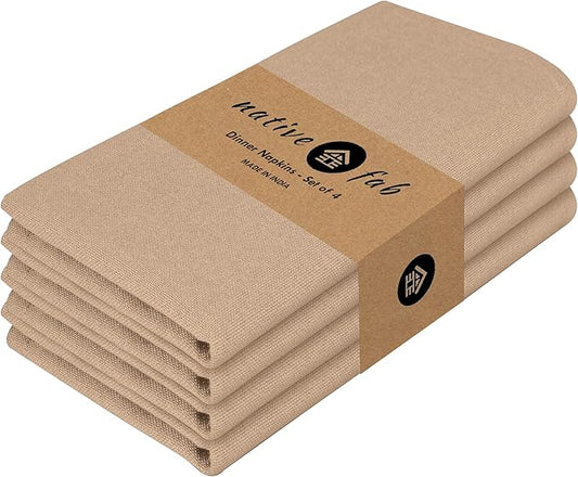 Native Fab Solid Cloth Napkin Set of 4, 100% Cotton, Washable, Reusable Dinner Cloth Napkin 17x17 inches, Table Decor Napkins for Dinner, Events, Beige