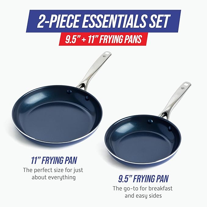 Blue Diamond Nonstick Diamond Infused PFAS-Free Ceramic Pots & Pans, Dishwasher & Oven Safe, Stay Cool Handles, Durable Non Toxic Metal Utensil Safe, Blue, 9.5” & 11" Frying Pan Skillet Set