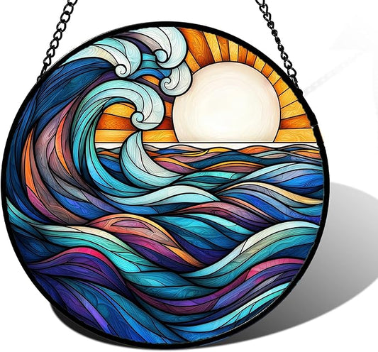 Stained Glass Window Hanging, Big Wave Sun Suncatcher Diamond Glass Panel Hangings Abstract Sun Catchers Decor for Birthday for Women, Men, Wife, Aunt,and Mom 6.3X6.3IN