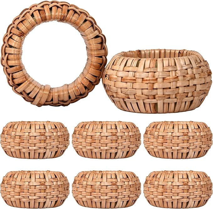 Natural Cane Napkin Rings Set of 8, Handwoven Table Decor, Bohemian Coastal Napkin Holders for Rustic Dining & Tropical Vibes - Sleek for Everyday Use (Brown) - ALPHA Living HOME