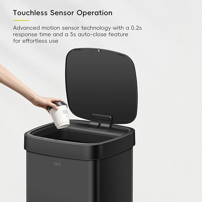 EKO EcoSmart 80L / 21.1 Gallon Motion Sensor Trash Can – Tall, Large Touchless Automatic Kitchen Garbage Bin with Soft-Close Lid for Home or Office, Brushed Stainless Steel, Matte Black