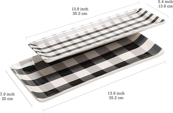 Bico Plaid Check Black and White Ceramic 14 inch Rectangular Serving Platter, Set of 2, for Serving Salad, Pasta, Cheese, Ham, Appetizer, Microwave & Dishwasher Safe