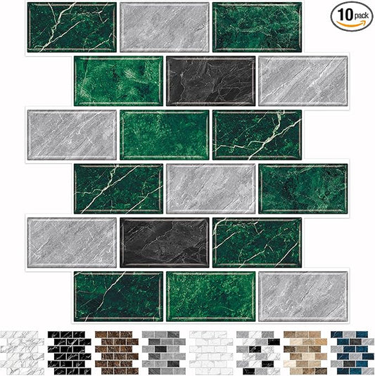 URCOLOR 10-Sheet Peel and Stick Backsplash Tile for Kitchen,12"x12" Self Adhesive Wall Tiles Stick on Back Splashes for Bathroom Green Marble Look