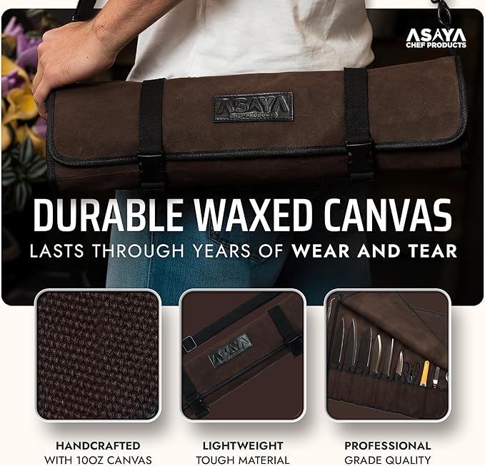 Asaya Canvas Chef Knife Roll Bag - 10 Knife Slots and a Large Zipper Pocket - Durable 10oz Canvas Knife Case with an Adjustable Shoulder Strap - Knives not Included