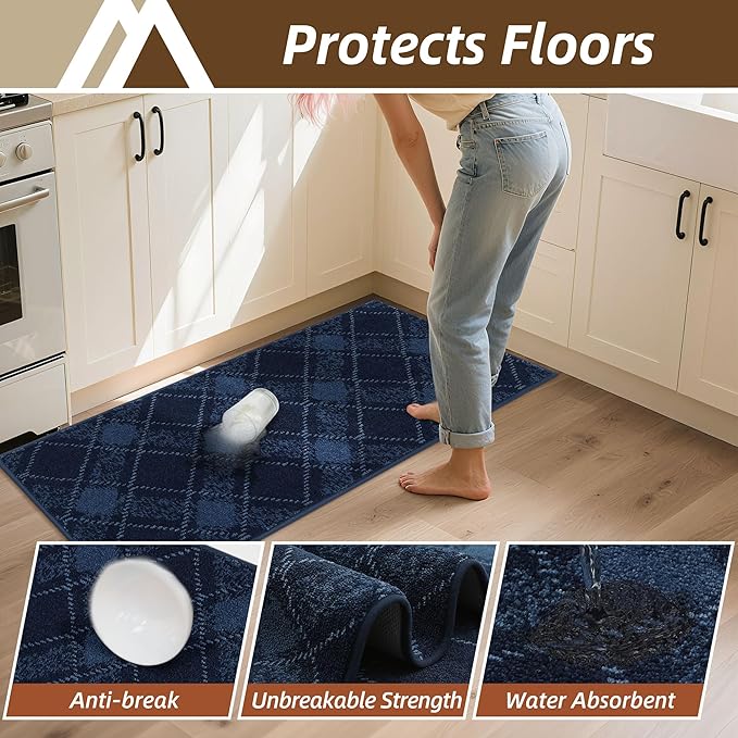 COSY HOMEER Kitchen Rugs and Mats Sets 2PCS Non-Slip Soft Kitchen Mats for Floor Absorbent and Stain Resistant Kitchen Floor Mat Washable Plaid Rugs for Kitchen,24"x36"+24"x60",Navy Blue