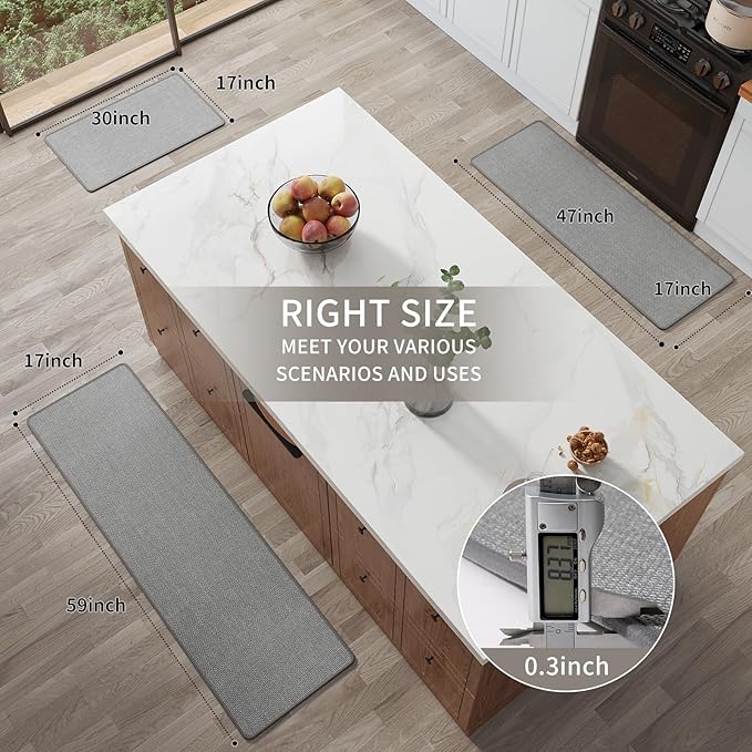Kitchen Rugs Mat Non Slip Washable, Linen-Look 0.3" Thick Soft Cushioned Absorbent Kitchen Mats for Floor, Mild Anti-Fatigue Runner Rug Sink Mat Laundry Standing Mats, Easy Clean, Gray 17"x30"