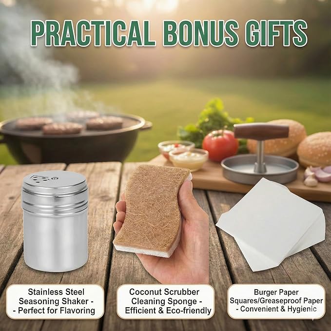 Smash Burger Press Kit - 12pc Stainless Steel Griddle Accessories Set with Scraper, Squeeze Bottle, Wide Spatula, 100 Patty Papers - Professional BBQ Tools for Blackstone Flat Top Grill & Camping