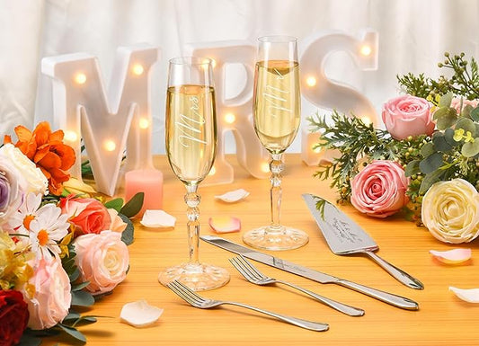 BEKESIN Wedding Cake Knife and Server Set with Forks, Classical Style Crystal Champagne Flutes Toasting Glasses for Bride and Groom, Wedding Gifts for Couples, Engagement and Bridal Shower Gifts